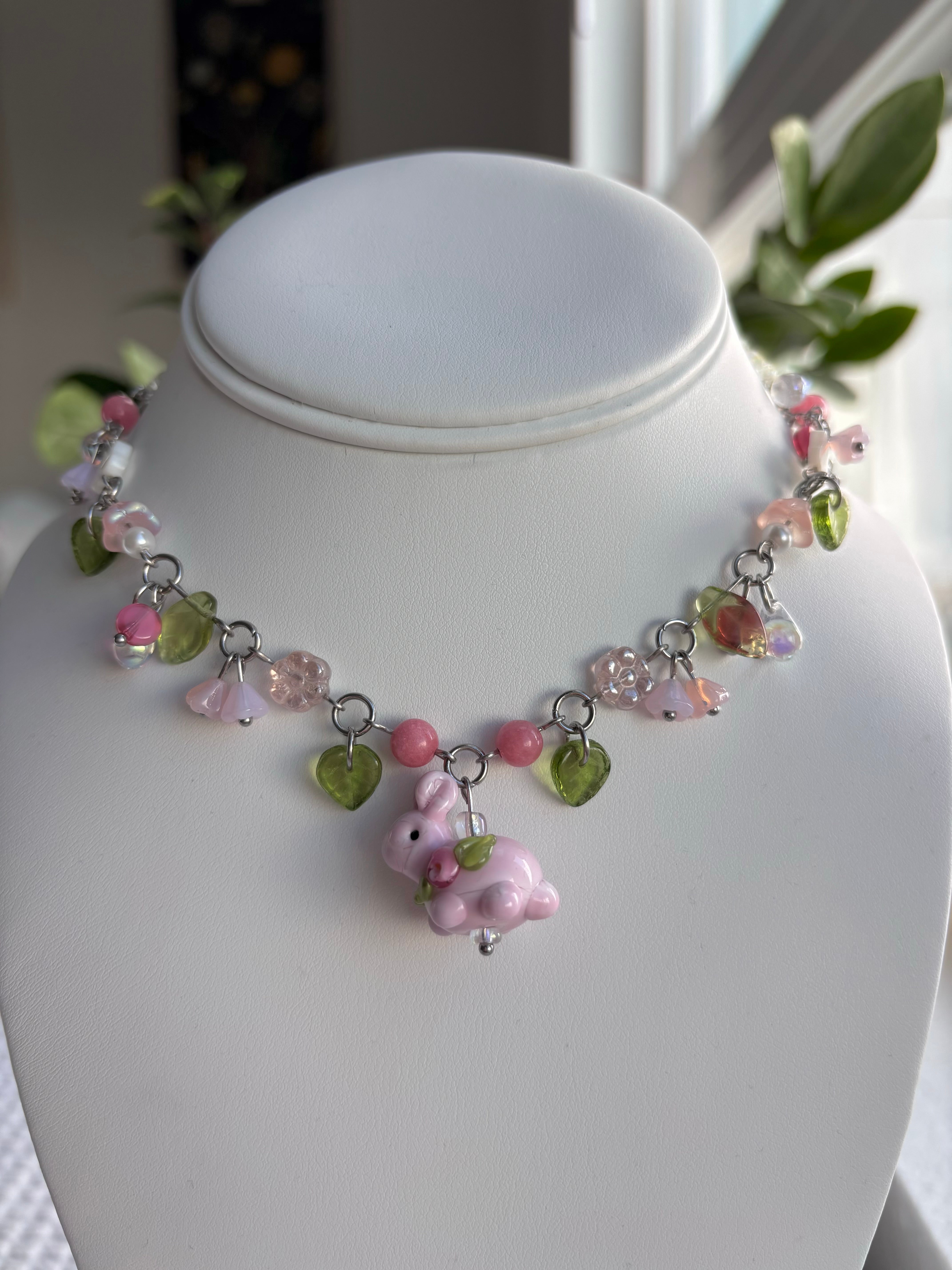 Pinky Rose Bunny Necklace